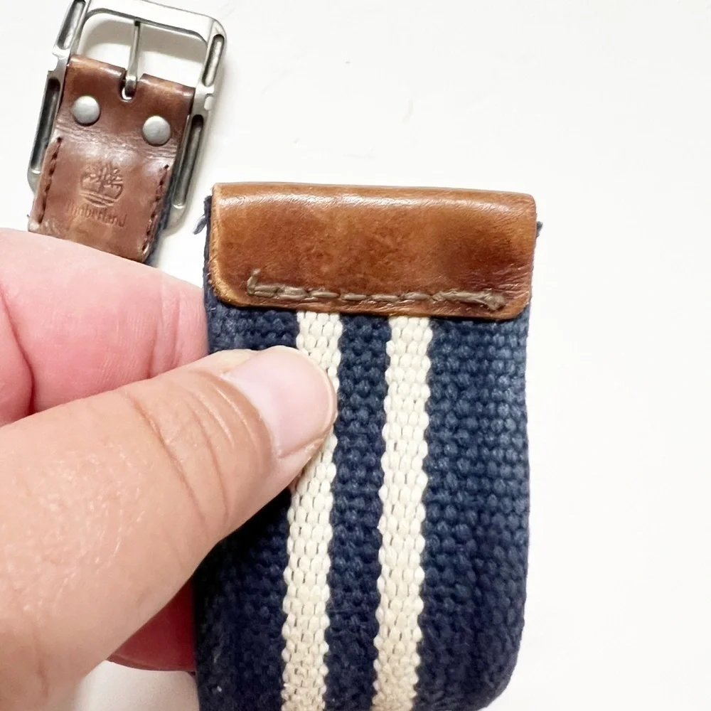 Timberland Mens Vintage White Navy Striped Canvas Grommet Detail Leather Belt